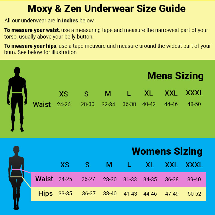 Moxy & Zen underwear size guide